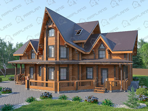 Готовый проект деревянного дома из бруса 10 на 17 м с эркером и террасой