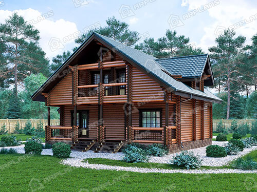 Проект деревянного дома из бревна 8 на 11 м с 3 спальнями