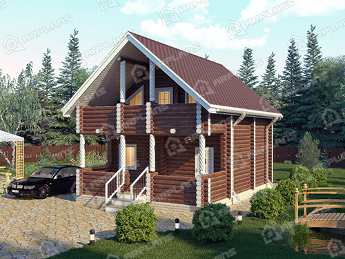 Готовый проект деревянного дома из бревна 6 на 8 м с балконом и террасой