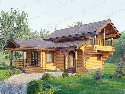 Готовый проект деревянного дома из бревна 8 на 11 м с мансардой и балконом
