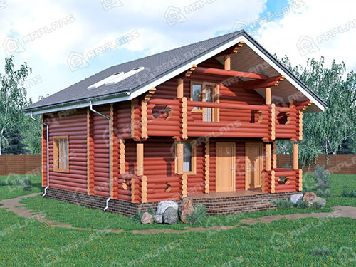 Готовый проект деревянного дома из бревна 8 на 9 м с террасой и мансардой