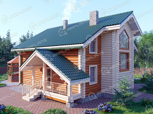 Готовый проект деревянного дома из бревна 9 на 11 м с террасой и мансардой
