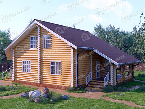 Готовый проект деревянного дома из бревна 10 на 14 м с террасой и мансардой