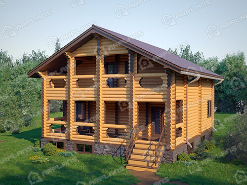 Готовый проект деревянного дома из бревна 10 на 12 м с мансардой и террасой