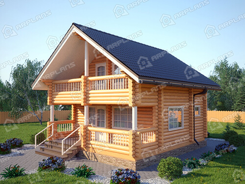 Готовый проект деревянного дома из бревна 7 на 7 м с террасой