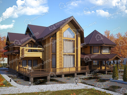 Готовый проект деревянного дома из бревна 23 на 23 м с мансардой