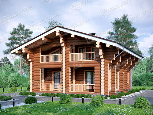 Готовый проект деревянного дома из бревна 9 на 12 м с 3 спальнями и сауной