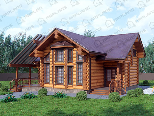 Готовый проект деревянного дома из бревна 13 на 13 м с 3 спальнями 