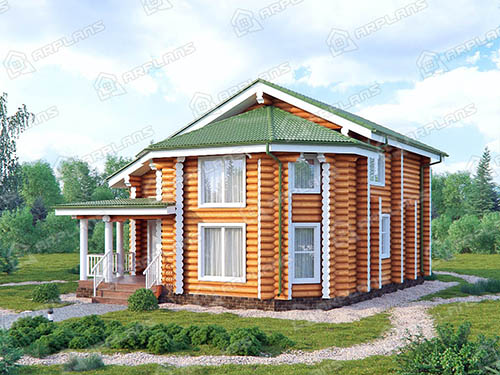 Готовый проект деревянного дома из бревна 9 на 11 м с 3 спальнями и эркером