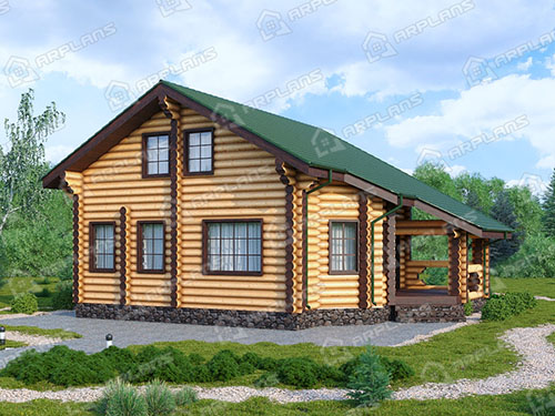 Готовый проект деревянного дома из бревна 9 на 11 м с эркером и террасой