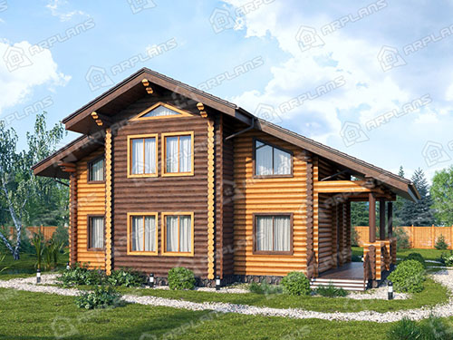 Готовый проект деревянного дома из бревна 11 на 12 м с террасой и мансардой