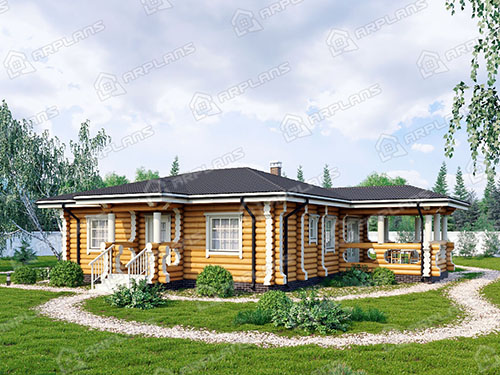 Проект деревянного одноэтажного дома из бревна 10 на 10 м с 3 спальнями и террасой