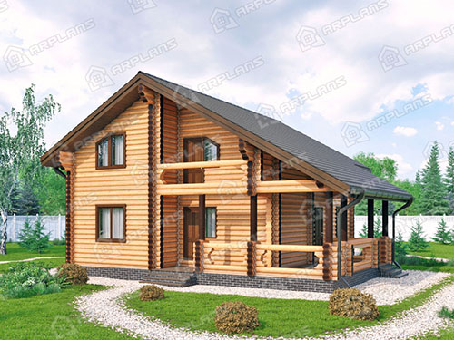 Готовый проект деревянного дома из бревна 8 на 11 м с террасой