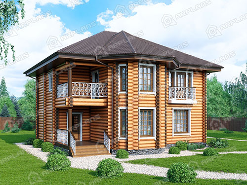 Готовый проект деревянного дома из бревна 11 на 11 м с 3 спальнями и эркером