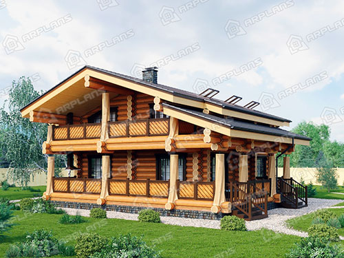 Готовый проект деревянного дома из бревна 9 на 10 м с 3 спальнями и сауной