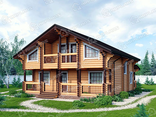 Готовый проект деревянного дома из бревна 10 на 10 м с 3 спальнями