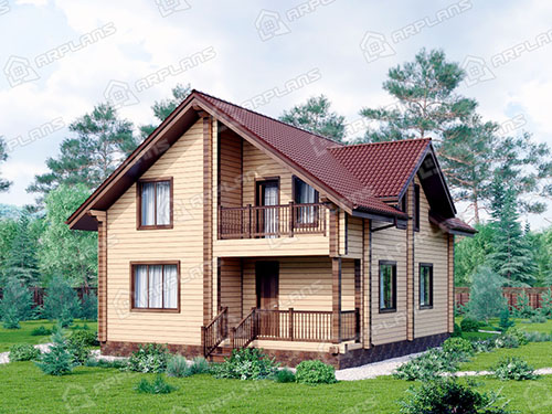 Готовый проект деревянного дома из бруса 9 на 12 м с 3 спальнями и террасой