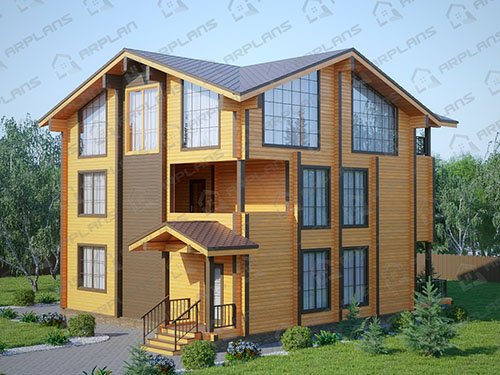 Готовый проект деревянного дома из бруса 11 на 11 м с 3 спальнями и вторым светом