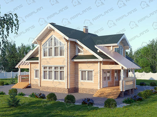Готовый проект деревянного дома из бруса для узкого участка 11 на 13 м с террасой