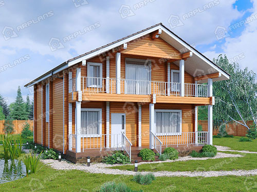 Готовый проект деревянного дома из бруса 9 на 9 м с 3 спальнями и террасой