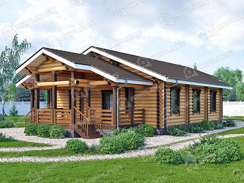 Проект деревянного одноэтажного дома из бревна для узкого участка 10 на 13 м с 3 спальнями