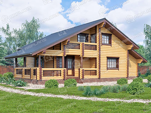 Проект деревянного дома из бревна 10 на 13 м с 3 спальнями и вторым светом