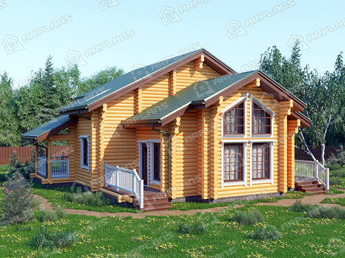 Готовый проект деревянного дома из бревна 12 на 12 м с 3 спальнями и сауной