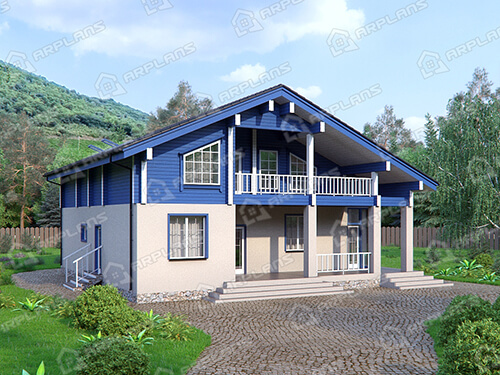 Готовый проект комбинированного дома из пеноблоков и бруса с 4 спальнями, балконом и террасой