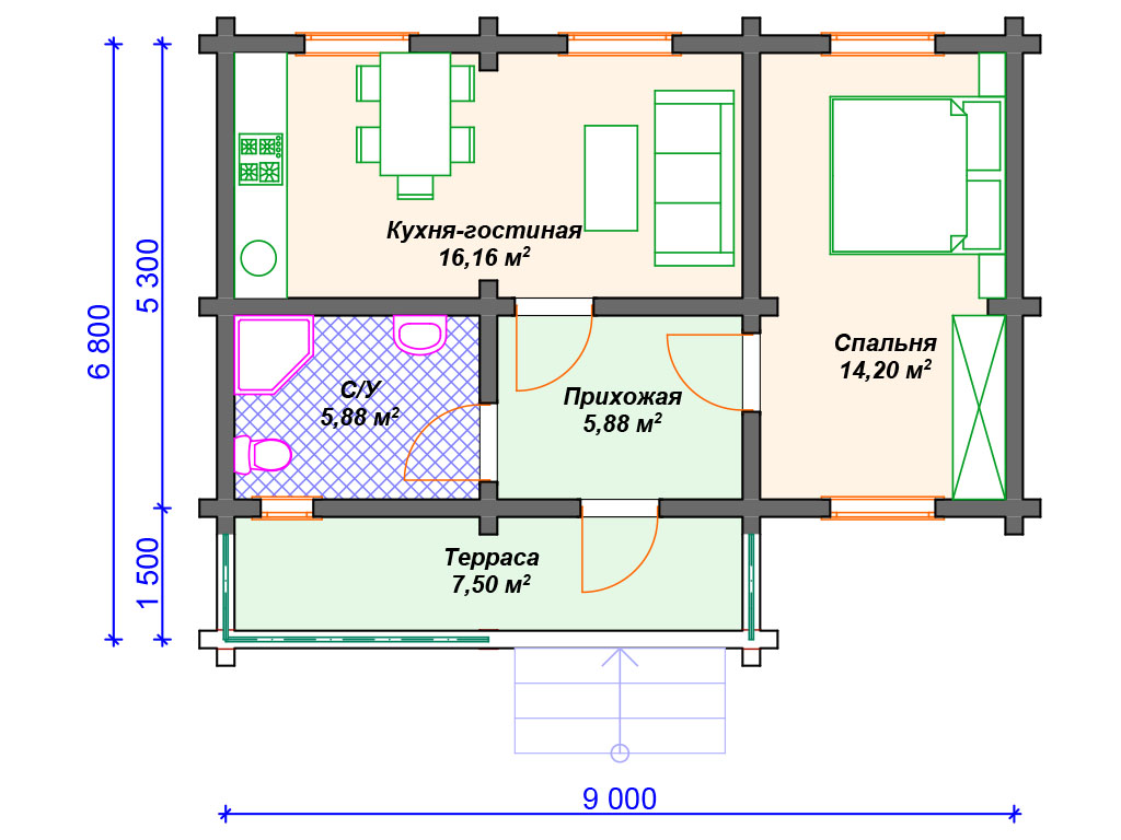 Готовый проект одноэтажного дома из бруса 5 на 9 м с террасой