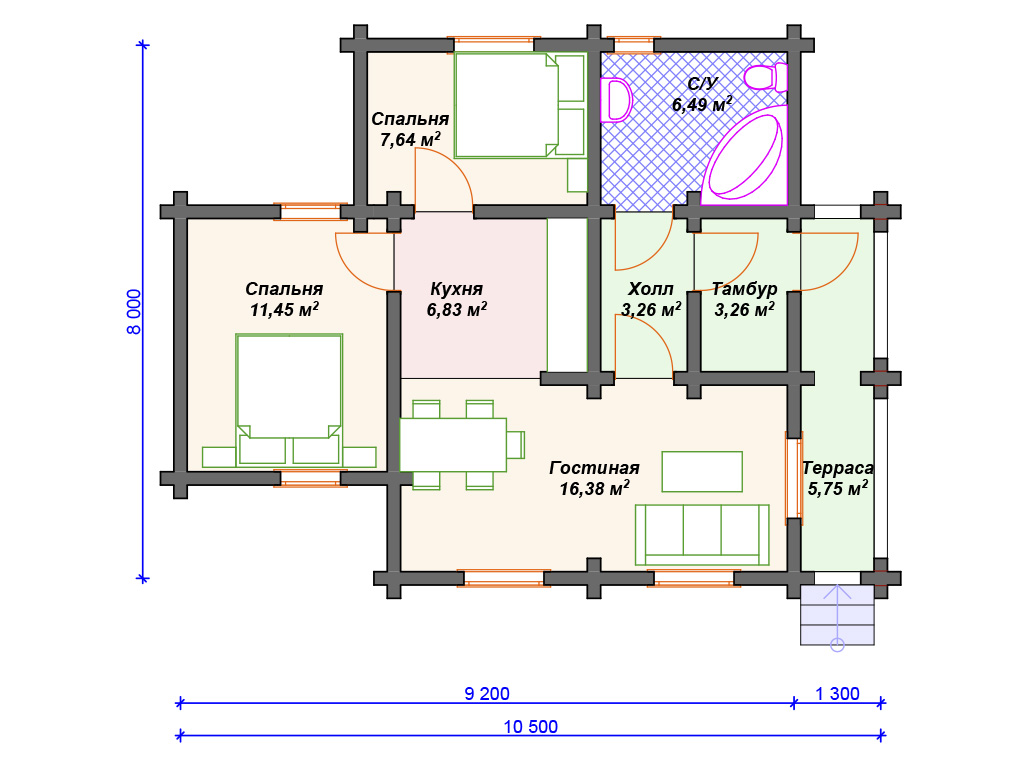 Готовый проект одноэтажного дома из бруса 8 на 9 м с террасой
