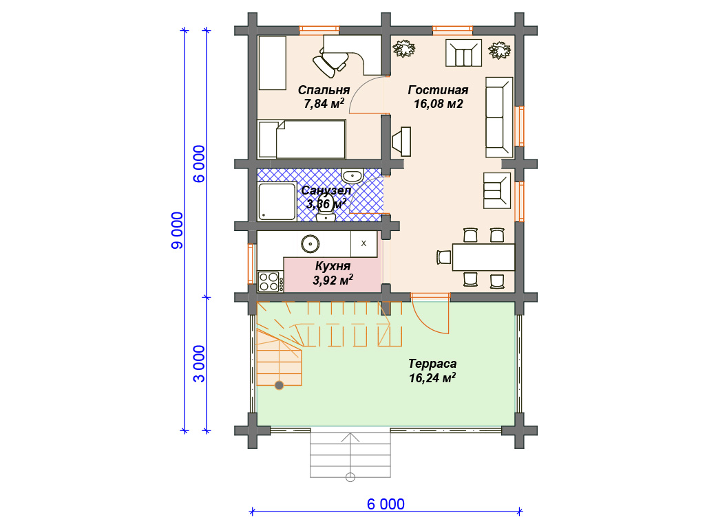Проект деревянного дома из бревна 6 на 9 м с террасой