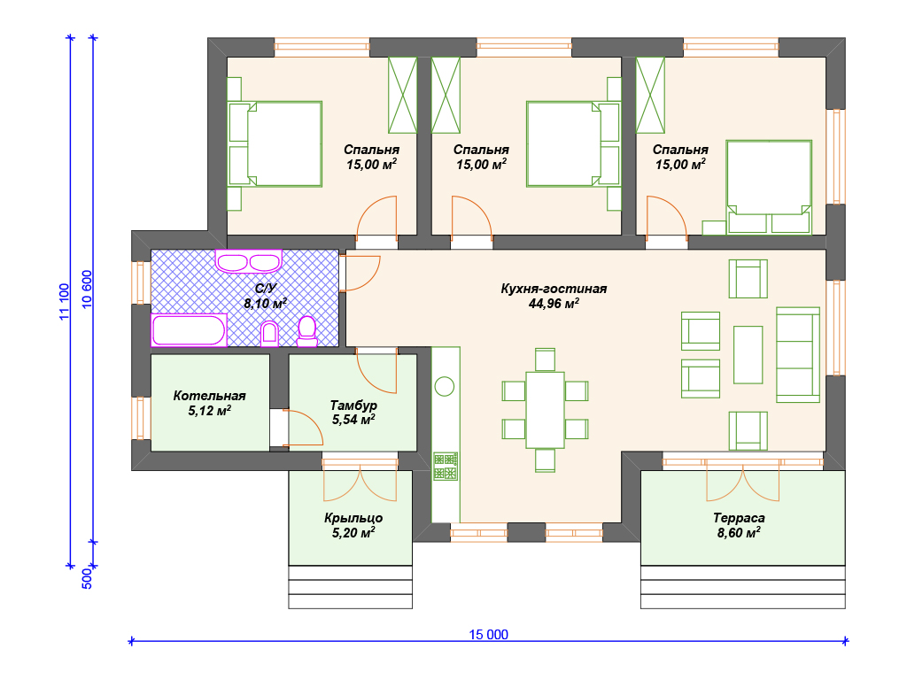 Планировка 1 этажного дома с 3 спальнями 100 кв - 82 фото