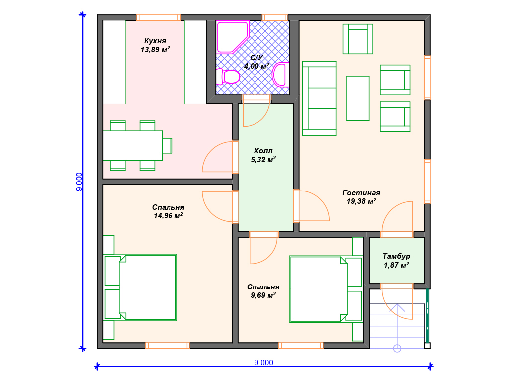 Готовый проект одноэтажного каркасного дома 9 на 9 м