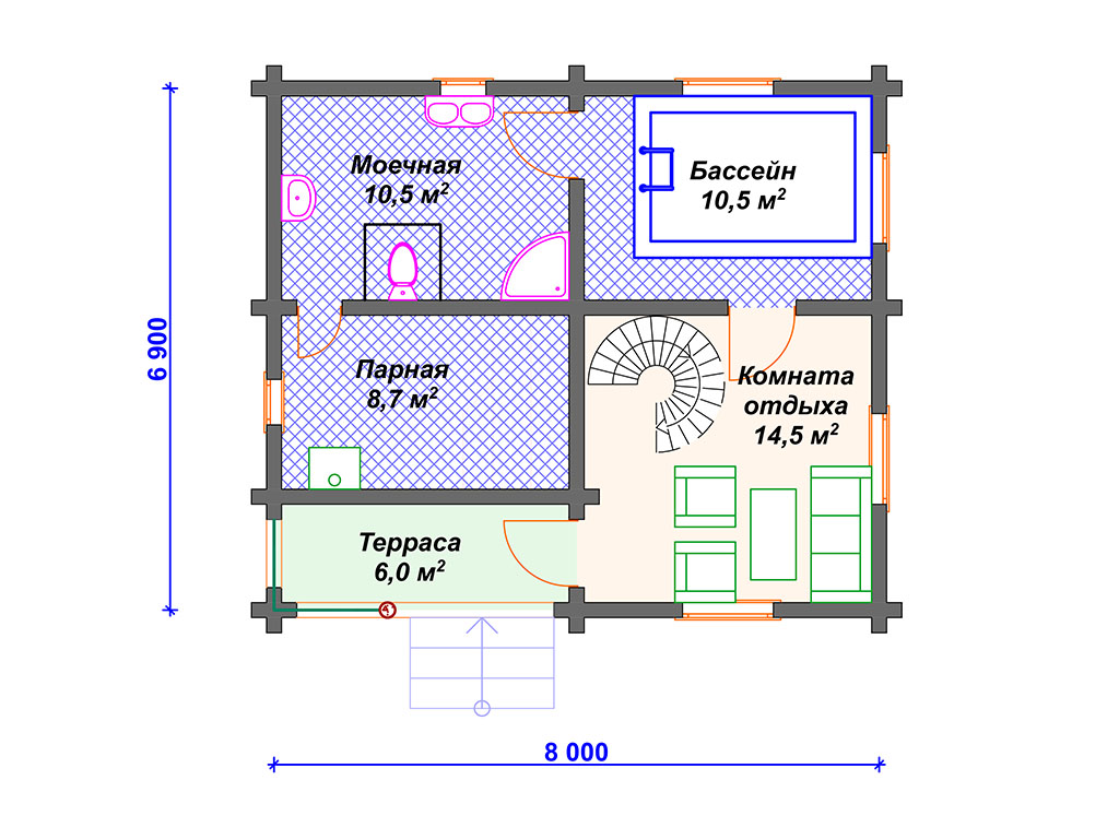 Проект бани с бассейном 6 на 6