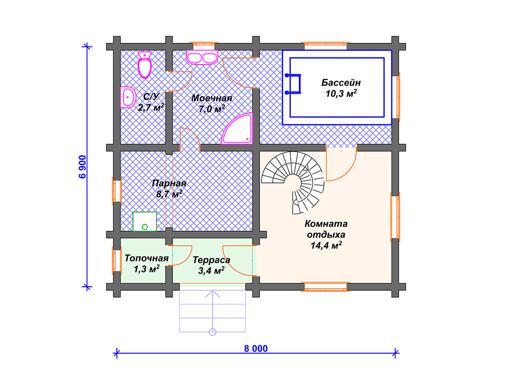 Готовый проект деревянной бани 6 на 8 м с бассейном