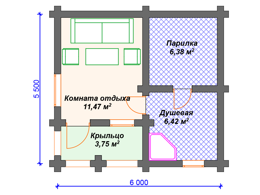 Готовый проект деревянной бани 5 на 6 м