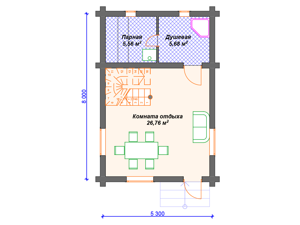 Проекты бани 8 на 8 с комнатой отдыха