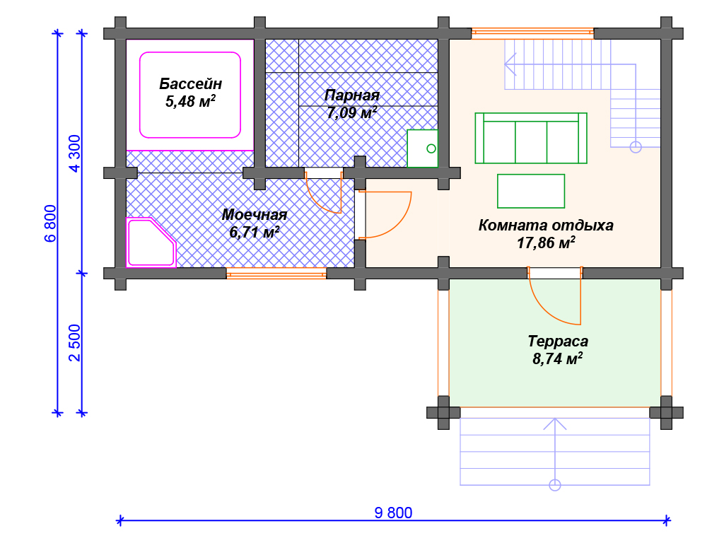 План бани с бассейном 6х6
