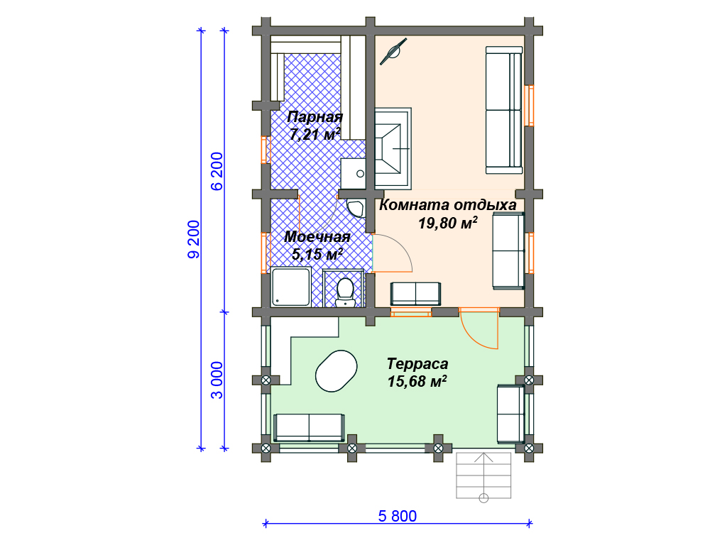 Готовый проект деревянной бани 5 на 9 м