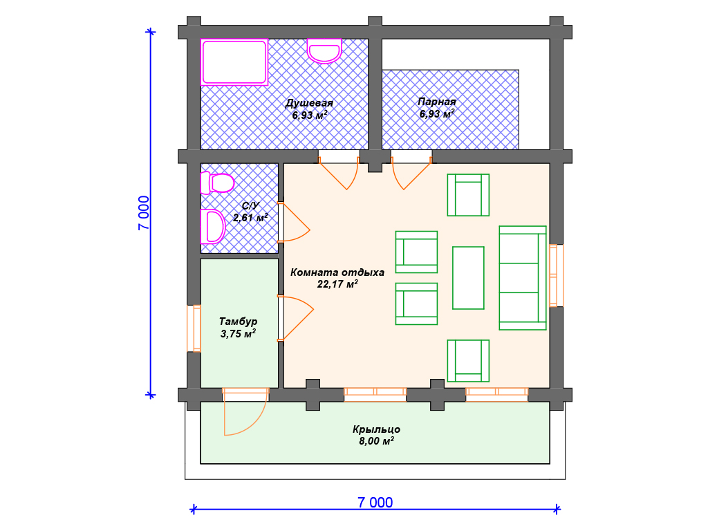 Баня 7х7 одноэтажная план