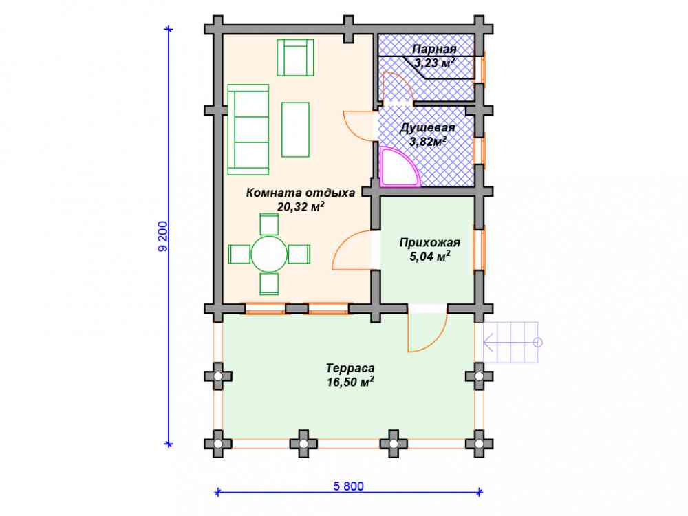 Планировка бани 5 на 9 с комнатой отдыха