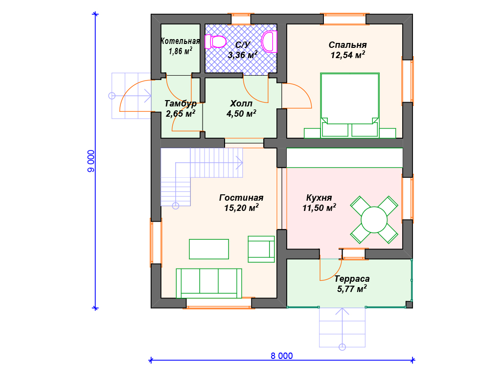 Готовый проект комбинированного дома 8 на 9 м