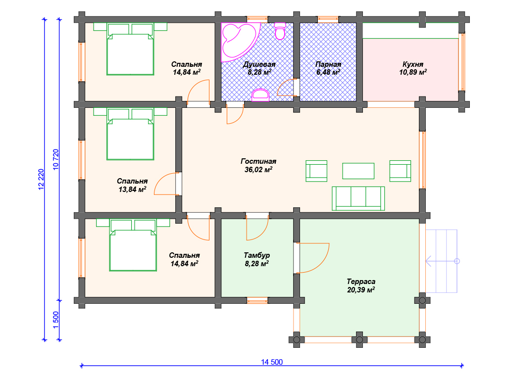 Проект одноэтажного деревянного дома из бревна 12 на 14 м с 3 спальнями
