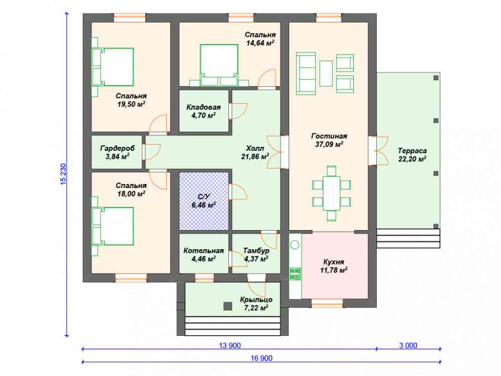 Планировка одноэтажного дома 15 на 15 с тремя спальнями