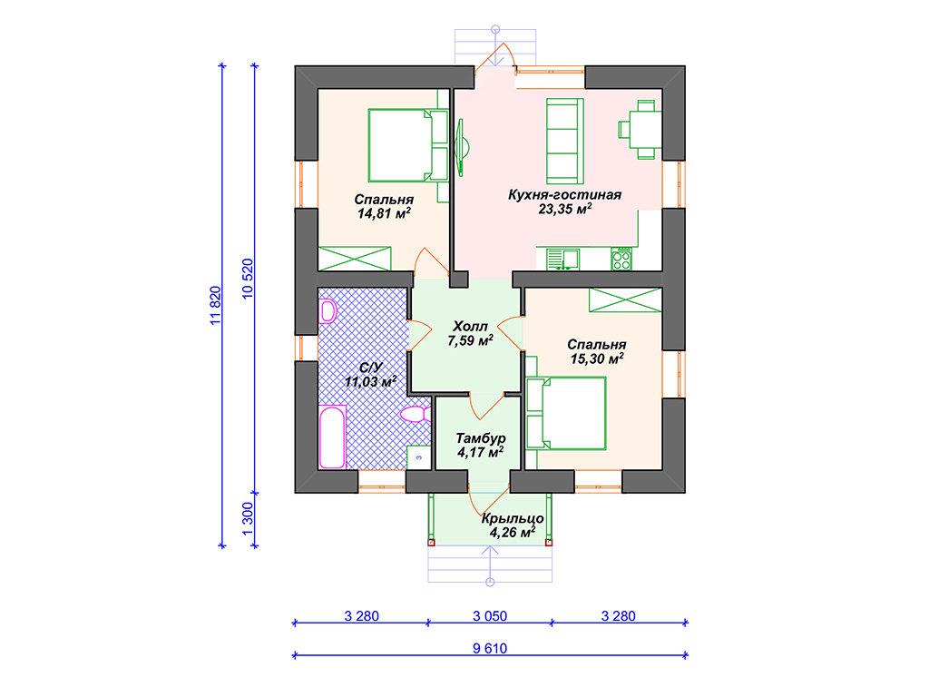Планировка дома одноэтажного с двумя спальнями 80 кв