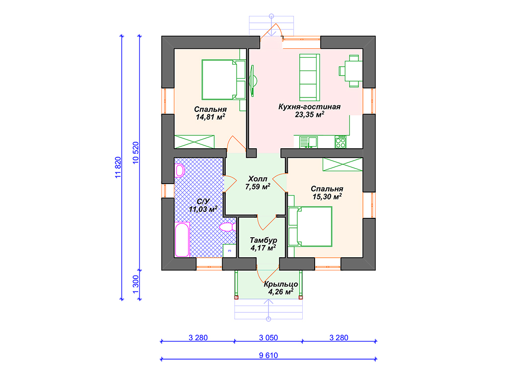 Планировки одноэтажных домов до 80 с 2 спальнями - 93 фото